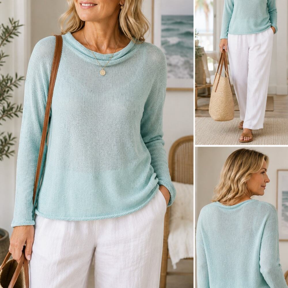 Eileen Fisher Organic Linen Sweater XL Aqua Boat Neck Lightweight Boxy Knit